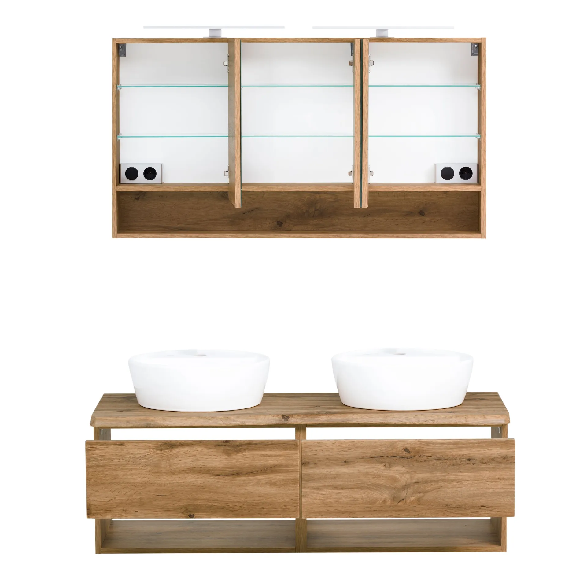 Held Badezimmerset Kaprun | Doppelwaschtisch und Spiegelschrank mit Beleuchtung | Wotan Oak