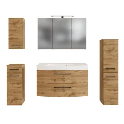 Held Badezimmerset Manchester | Waschtischschrank, Säulenschrank, Spiegelschrank mit Beleuchtung, Hängeschrank, Beistellschrank | Eiche Wotan