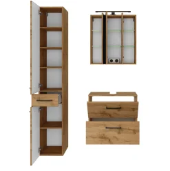 Held Badezimmerset Manchester | Waschtischschrank, Spiegelschrank, Säulenschrank | Eiche Wotan