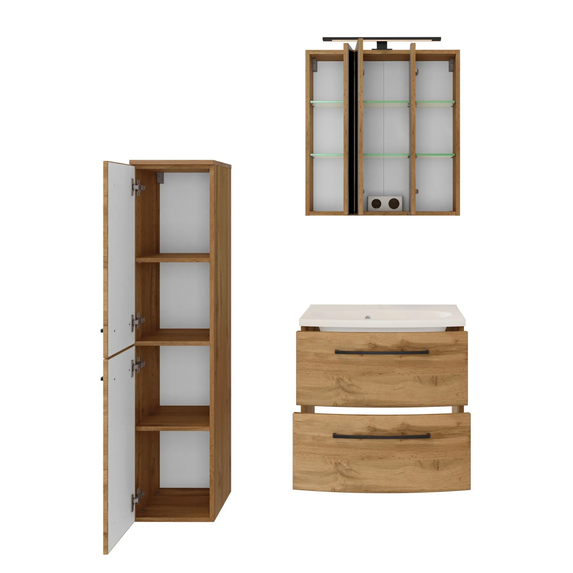 Held Badezimmerset Manchester | Waschtischschrank, Spiegelschrank, Säulenschrank | Wotan Eiche Design