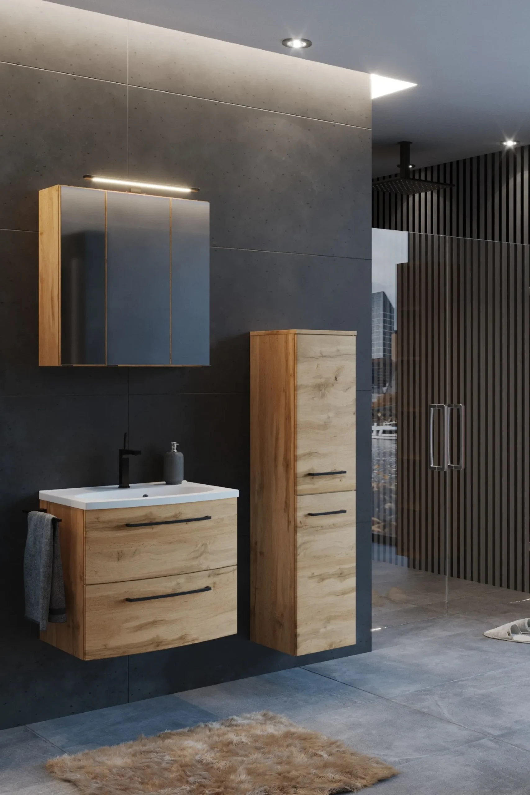 Held Badezimmerset Manchester | Waschtischschrank, Spiegelschrank, Säulenschrank | Wotan Eiche Design