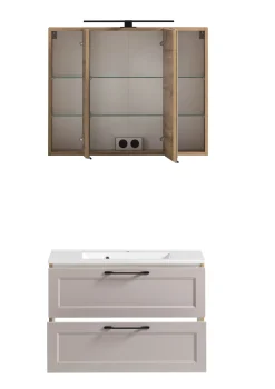 Held Badezimmerset Meran | Waschbeckenschrank, Spiegelschrank mit Beleuchtung | Farbe Cashmere