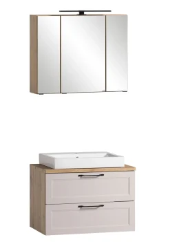 Held Badezimmerset Meran | Waschbeckenschrank, Spiegelschrank mit Beleuchtung | Farbe Cashmere