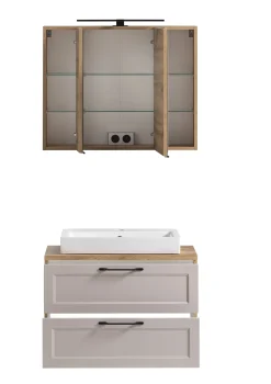 Held Badezimmerset Meran | Waschbeckenschrank, Spiegelschrank mit Beleuchtung | Farbe Cashmere