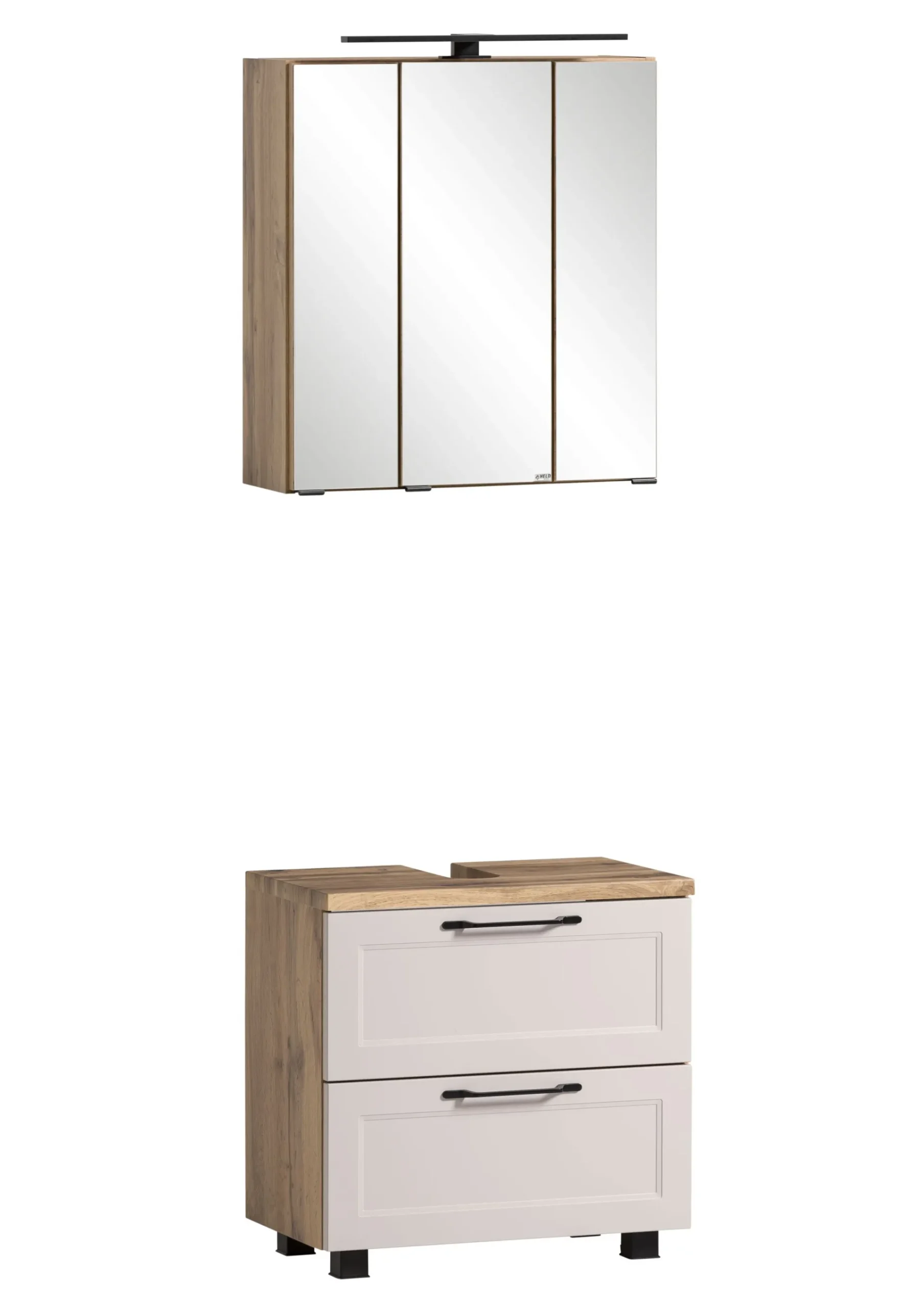 Held Badezimmerset Meran | Waschtischschrank, Spiegelschrank mit Beleuchtung | Farbe Kaschmir