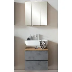 Held Badezimmerset Varese | Waschtisch und Spiegelschrank mit Beleuchtung | Wotan Eiche Beton-Design