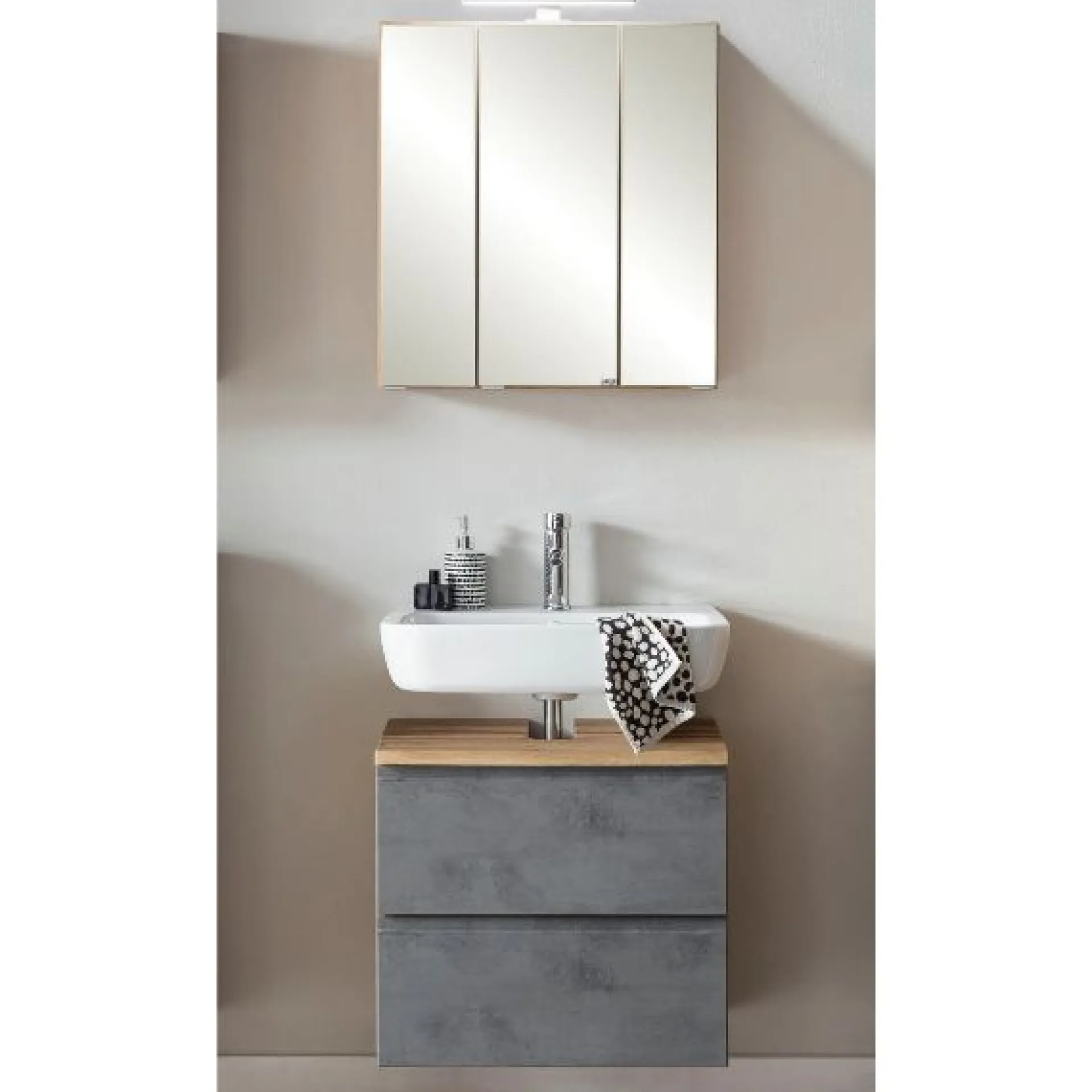 Held Badezimmerset Varese | Waschtisch und Spiegelschrank mit Beleuchtung | Wotan Eiche Beton-Design