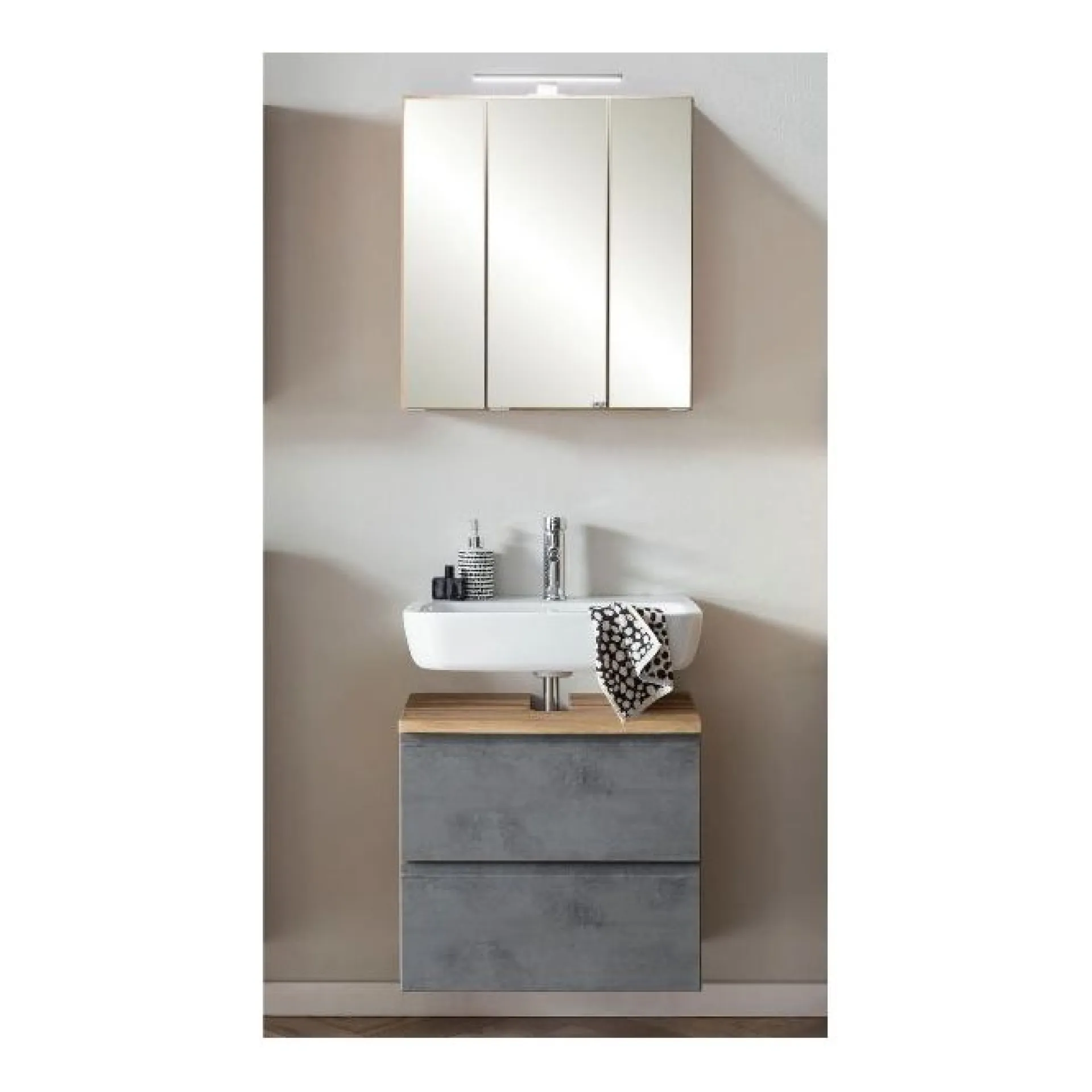 Held Badezimmerset Varese | Waschtisch und Spiegelschrank mit Beleuchtung | Wotan Eiche Beton-Design