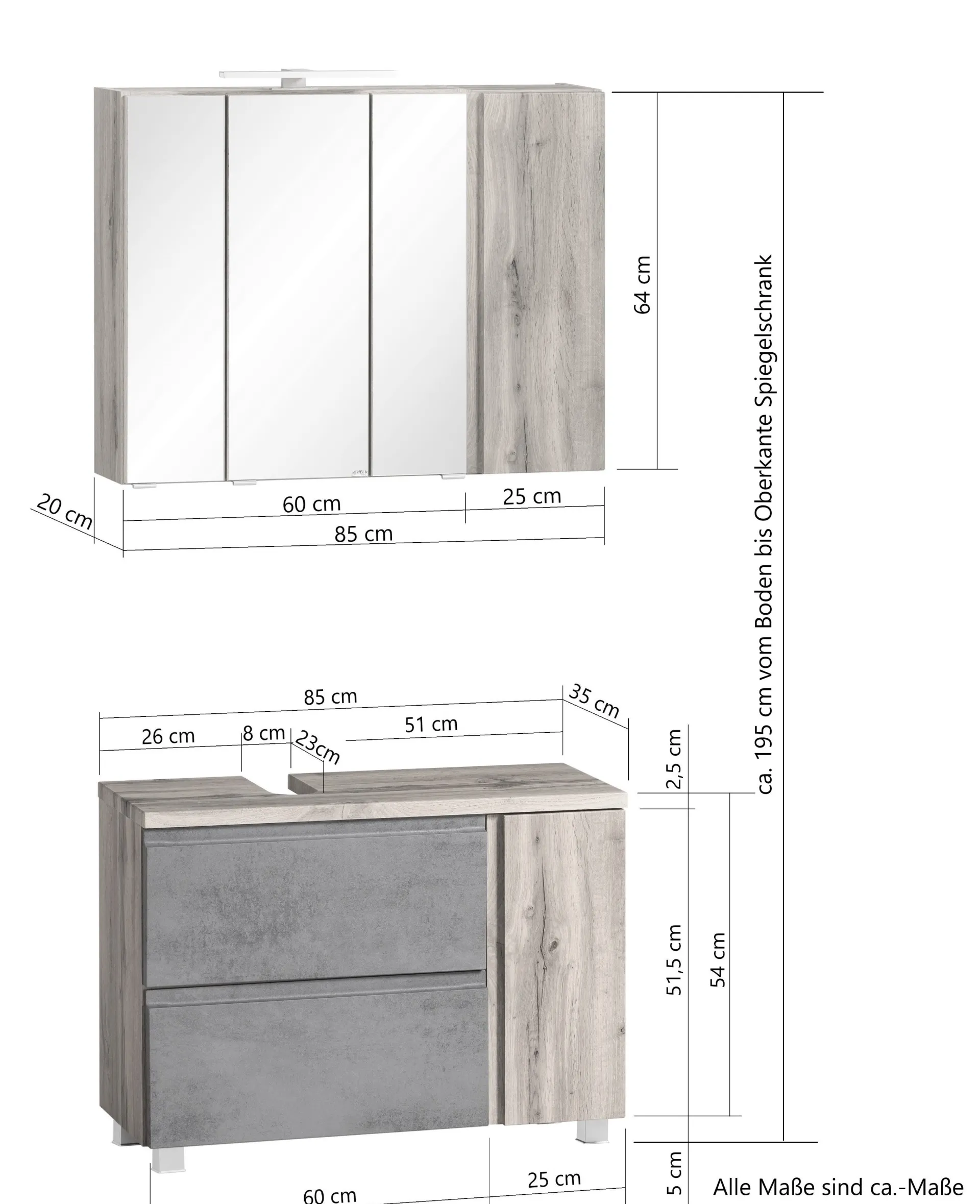 Held Badezimmerset Varese | Waschtisch und Spiegelschrank mit Beleuchtung | Wotan Eiche es Design