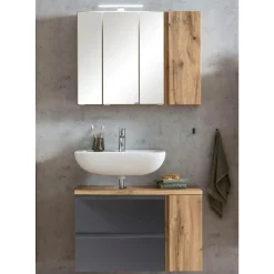 Held Badezimmerset Varese | Waschtisch und Spiegelschrank mit Beleuchtung | Wotan Eiche es Design