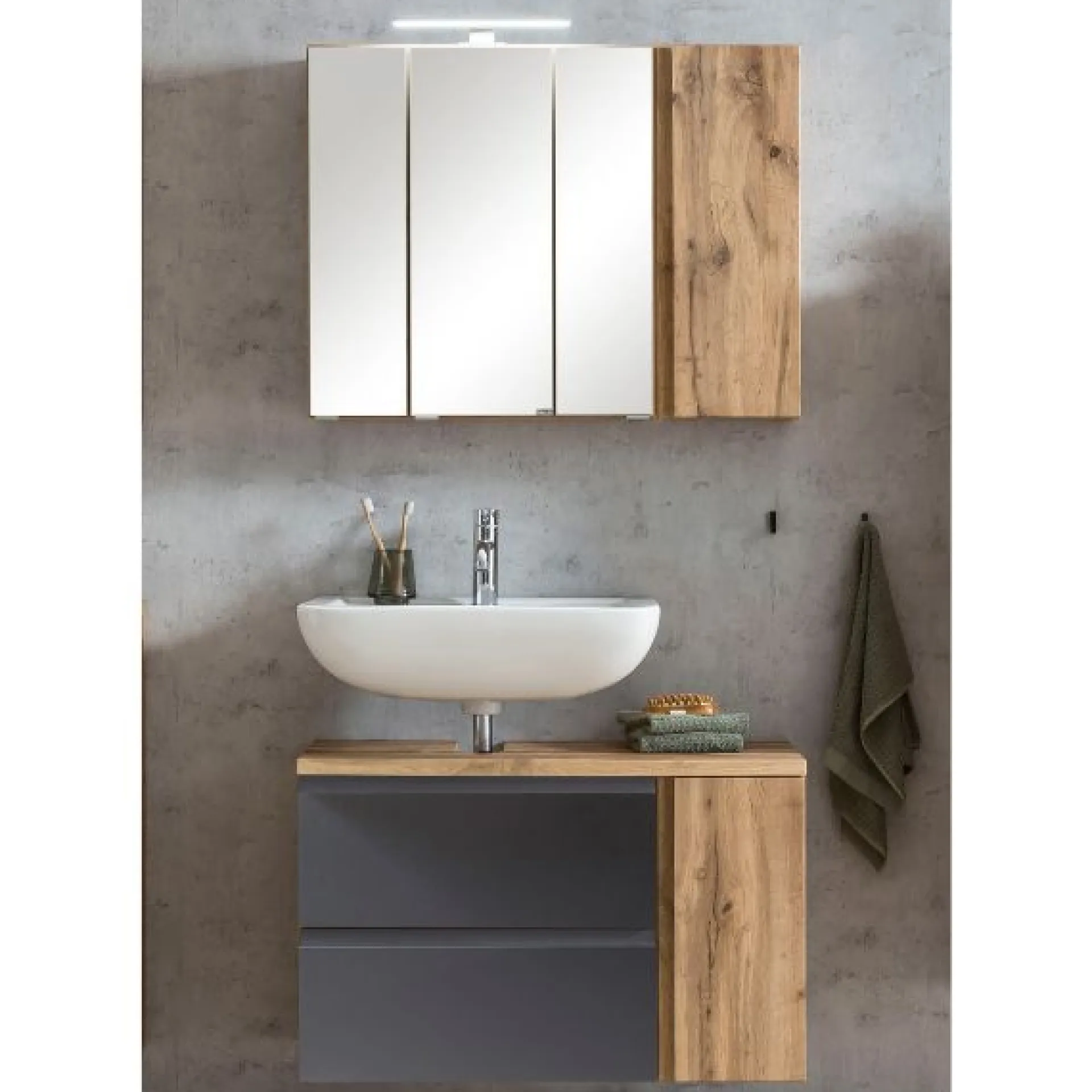 Held Badezimmerset Varese | Waschtisch und Spiegelschrank mit Beleuchtung | Wotan Eiche es Design