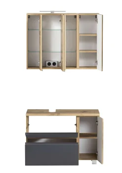 Held Badezimmerset Varese | Waschtisch und Spiegelschrank mit Beleuchtung | Wotan Eiche es Design