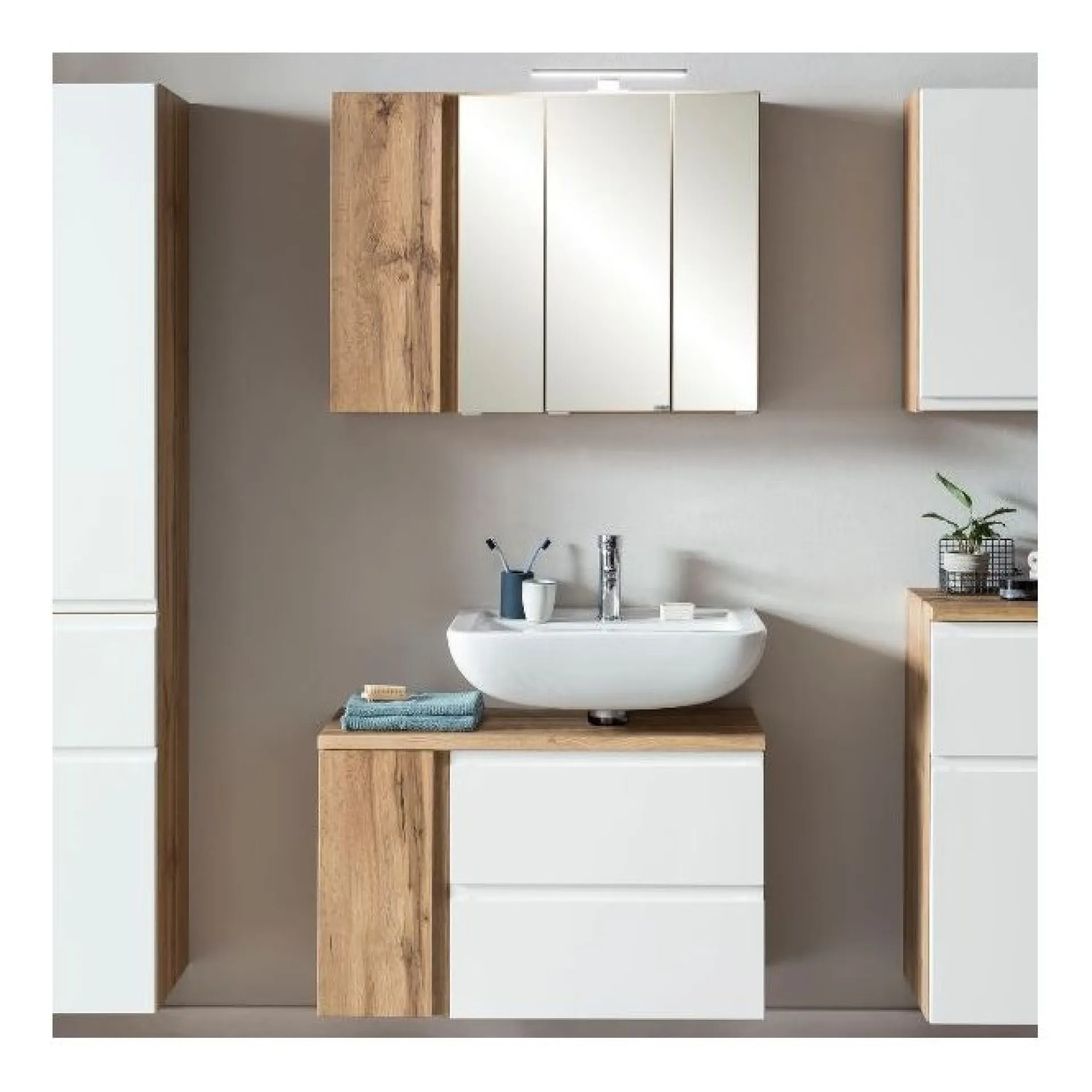 Held Badezimmerset Varese | Waschtisch und Spiegelschrank mit Beleuchtung | Wotan Eiche es Design