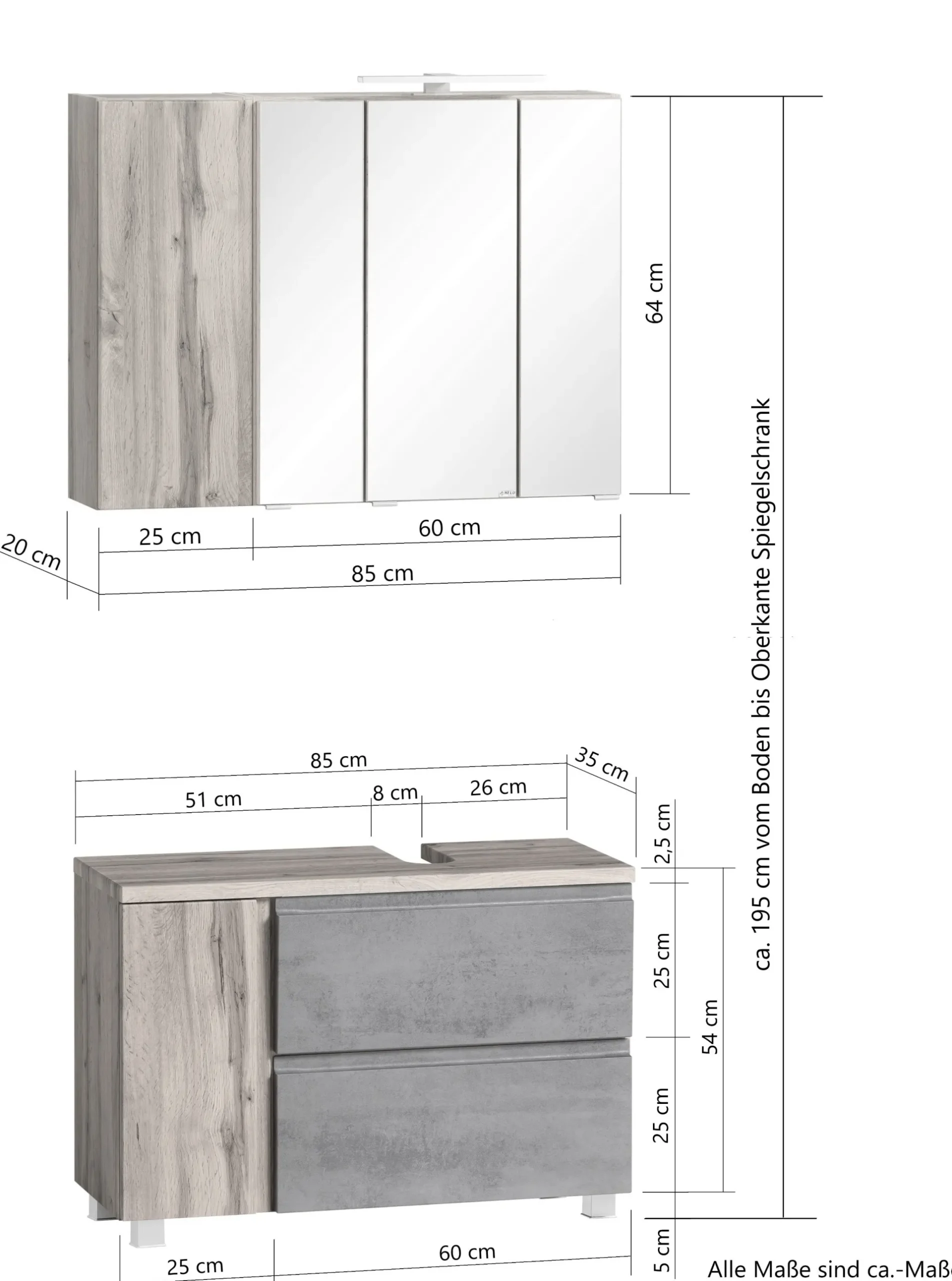 Held Badezimmerset Varese | Waschtisch und Spiegelschrank mit Beleuchtung | Wotan Eiche es Design