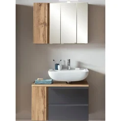 Held Badezimmerset Varese | Waschtisch und Spiegelschrank mit Beleuchtung | Wotan Eiche es Design