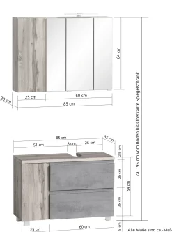 Held Badezimmerset Varese | Waschtisch und Spiegelschrank mit Beleuchtung | Wotan Eiche Beton Design