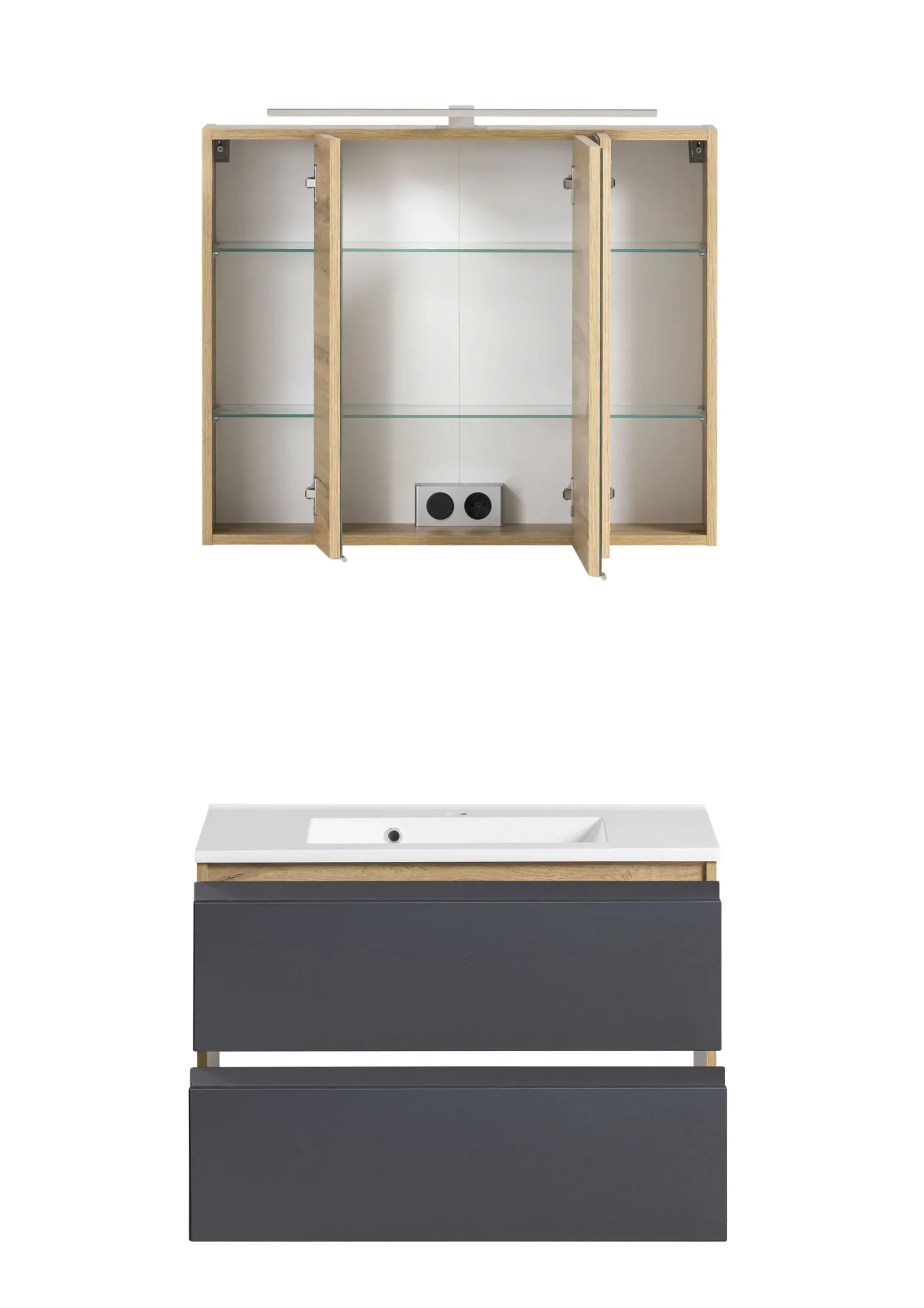 Held Badezimmerset Varese | Waschtisch und Spiegelschrank mit Beleuchtung | Wotan Eiche es Design