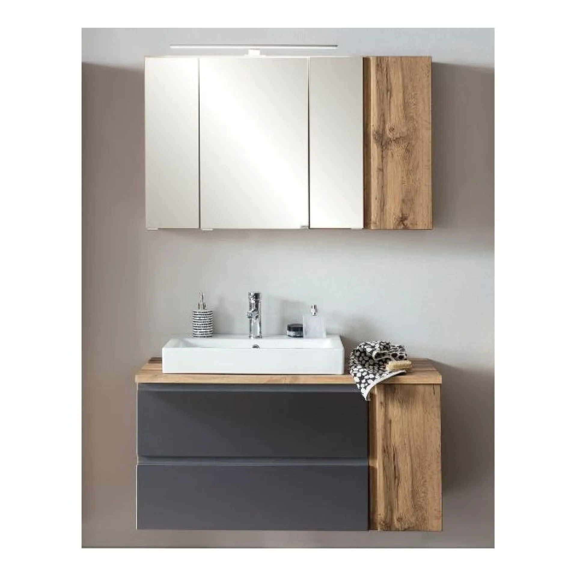 Held Badezimmerset Varese | Waschtisch und Spiegelschrank mit Beleuchtung | Wotan Eiche es Design