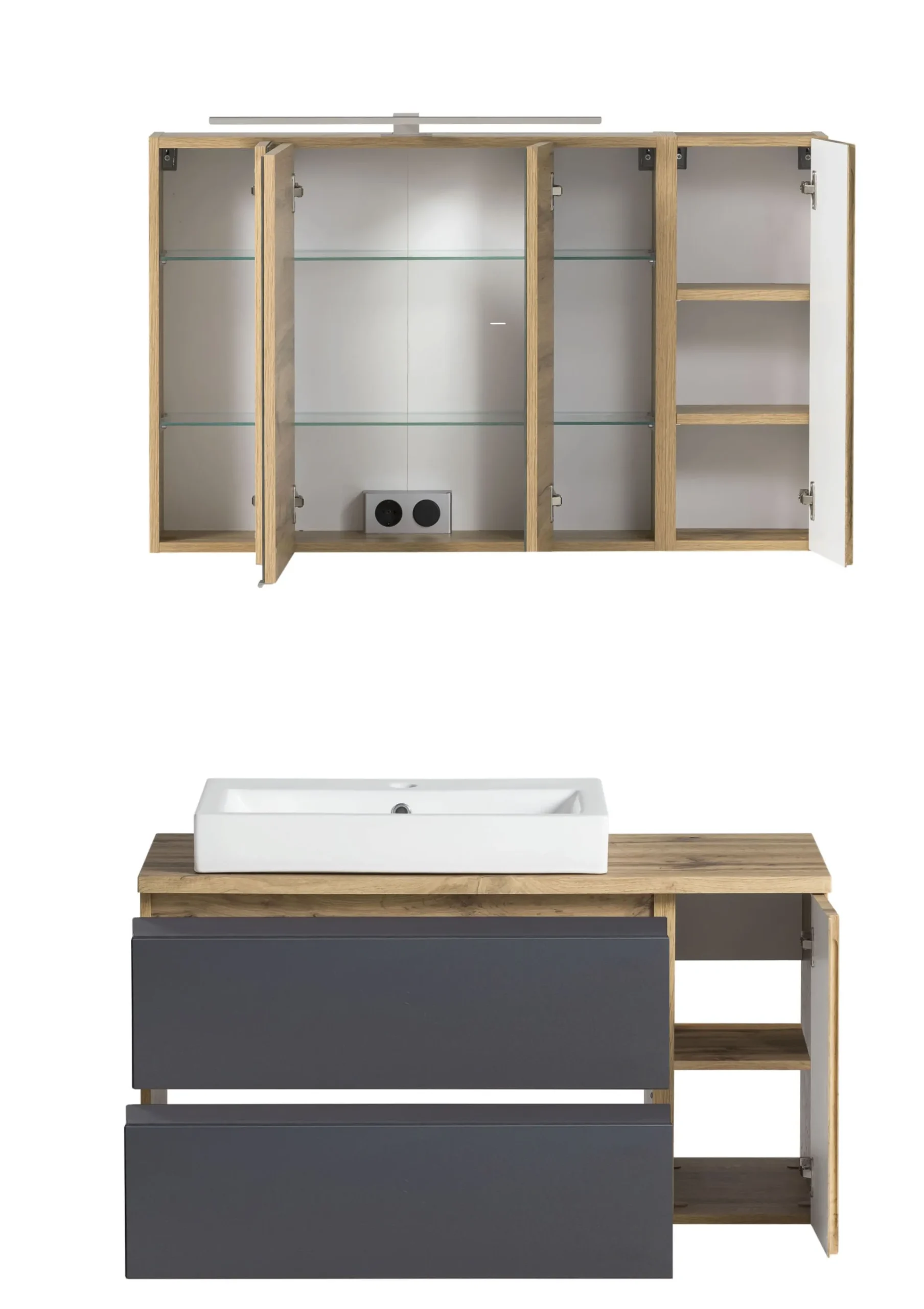 Held Badezimmerset Varese | Waschtisch und Spiegelschrank mit Beleuchtung | Wotan Eiche es Design