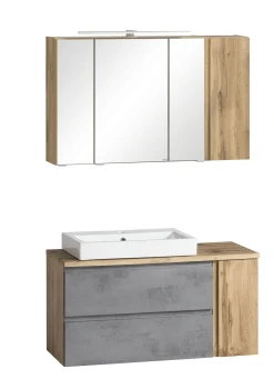 Held Badezimmerset Varese | Waschtisch und Spiegelschrank mit Beleuchtung | Wotan Eiche Beton Design