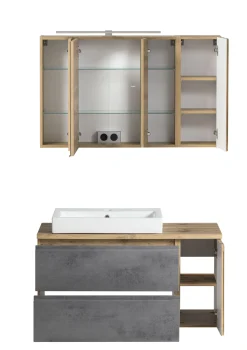 Held Badezimmerset Varese | Waschtisch und Spiegelschrank mit Beleuchtung | Wotan Eiche Beton Design