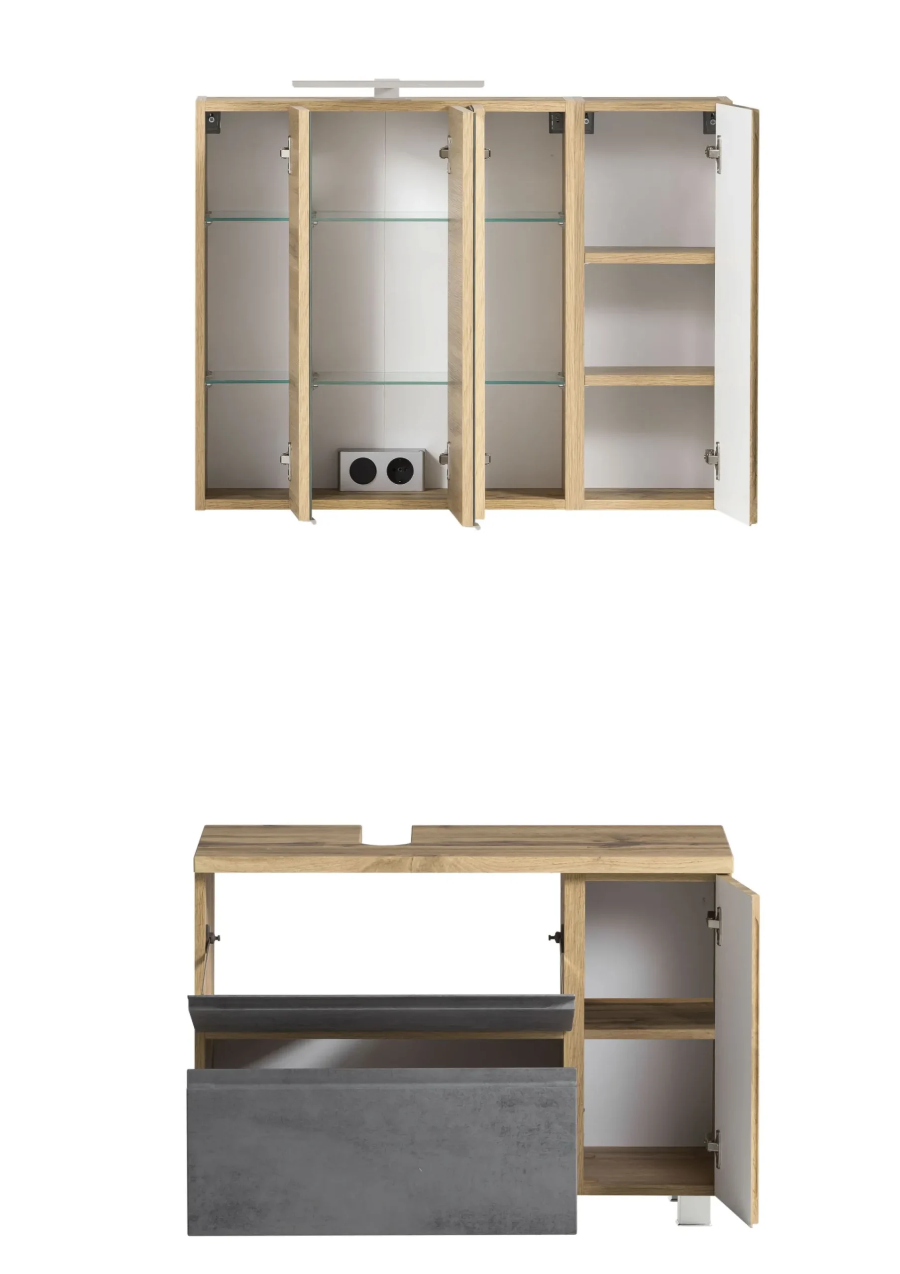 Held Badezimmerset Varese | Waschtisch und Spiegelschrank mit Beleuchtung | Wotan Eiche Beton Design