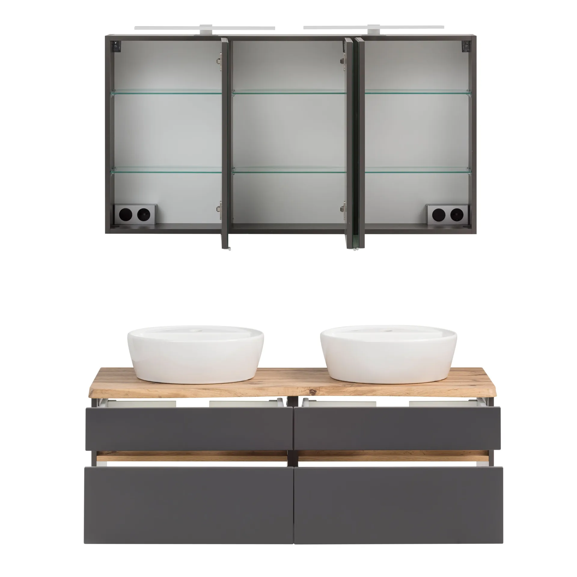 Held Badezimmerset Villach | Doppelwaschtisch und Spiegelschrank mit Beleuchtung | Design Graphit