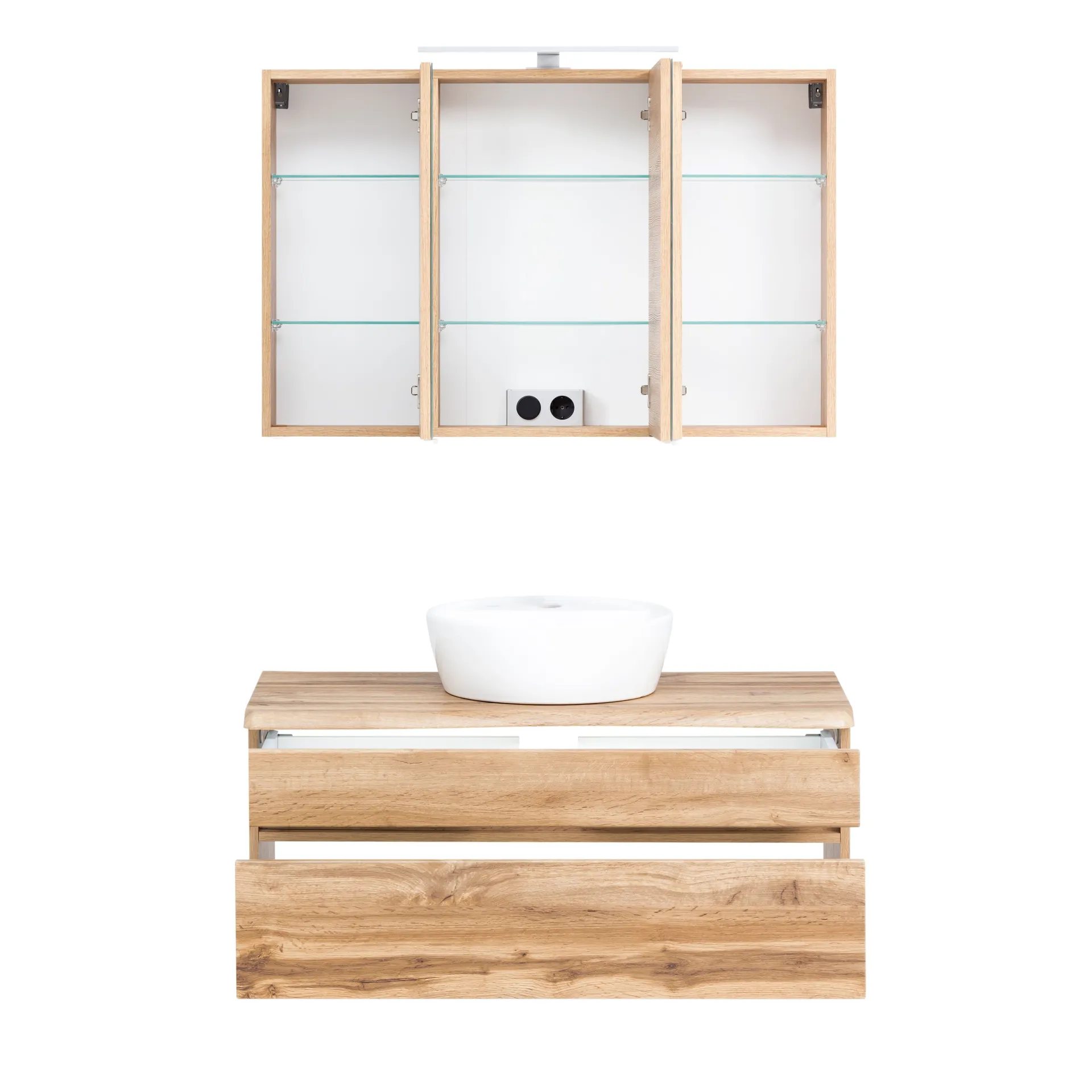 Held Badezimmerset Villach | Waschtisch- und Spiegelschrank mit Beleuchtung | Wotan Eiche Design