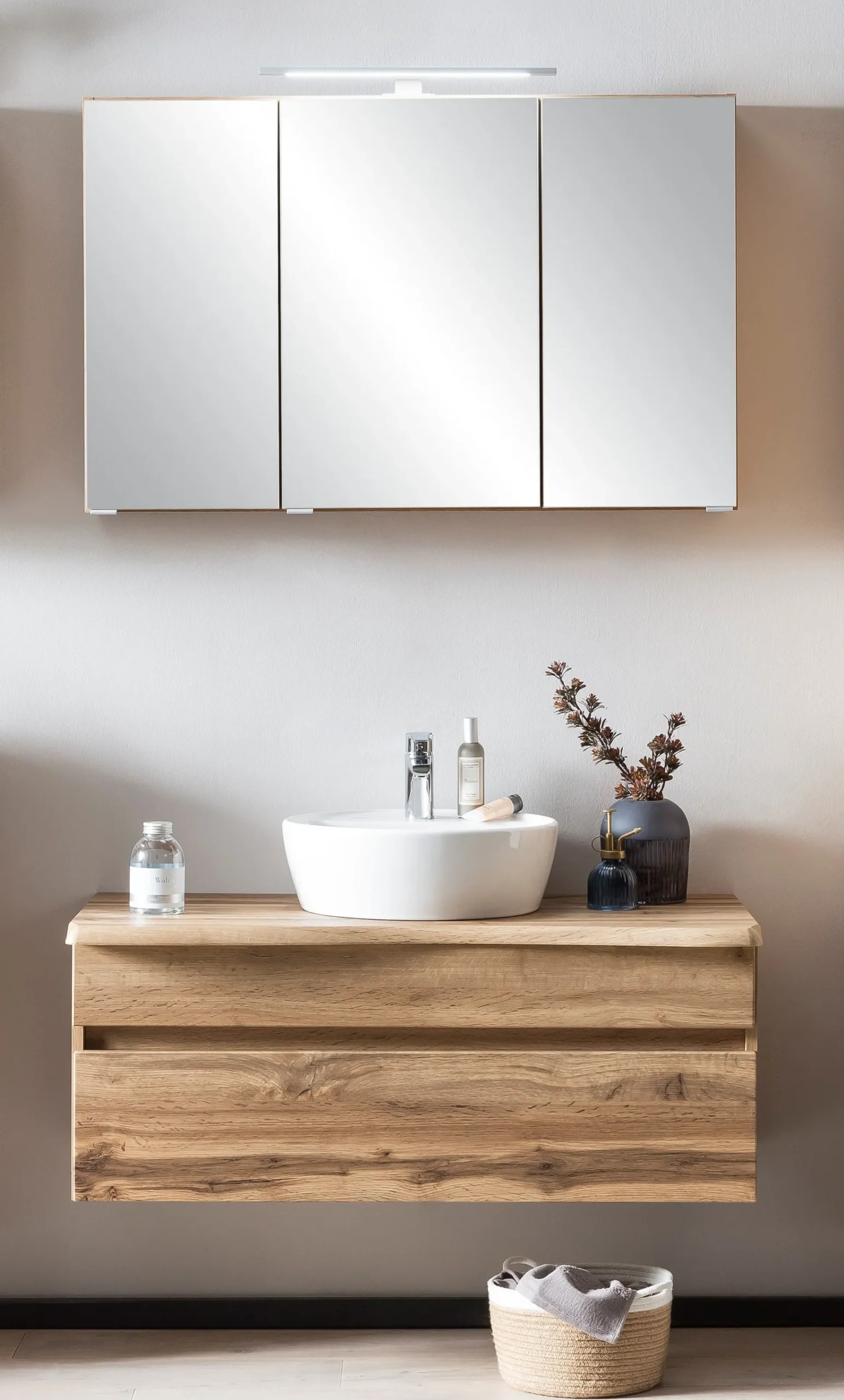 Held Badezimmerset Villach | Waschtisch- und Spiegelschrank mit Beleuchtung | Wotan Eiche Design