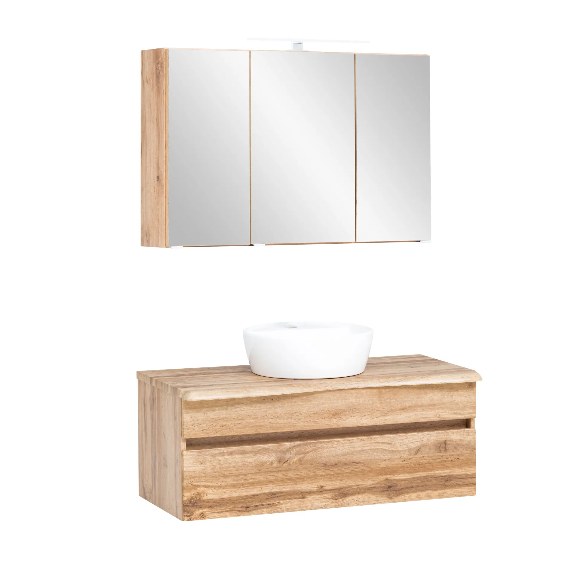 Held Badezimmerset Villach | Waschtisch- und Spiegelschrank mit Beleuchtung | Wotan Eiche Design