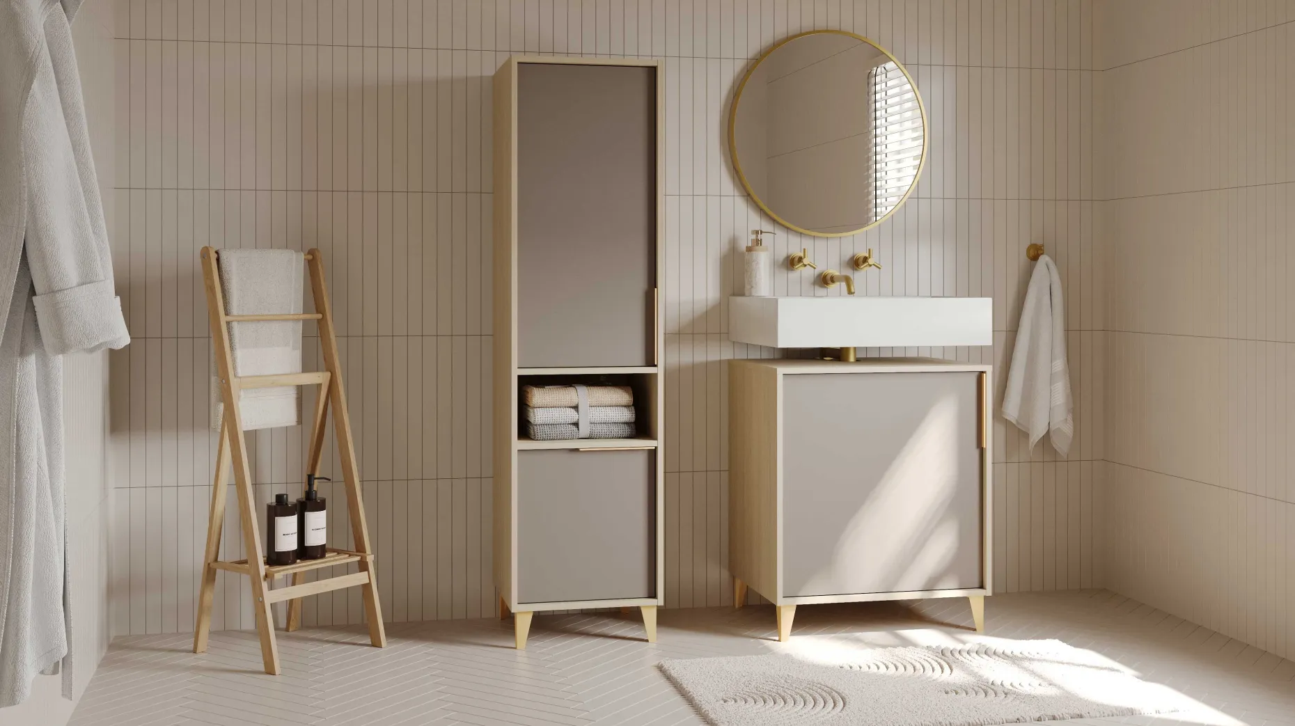 Badezimmer-Säulenschrank Azul - 40x40x153cm - 2 Türen - beige