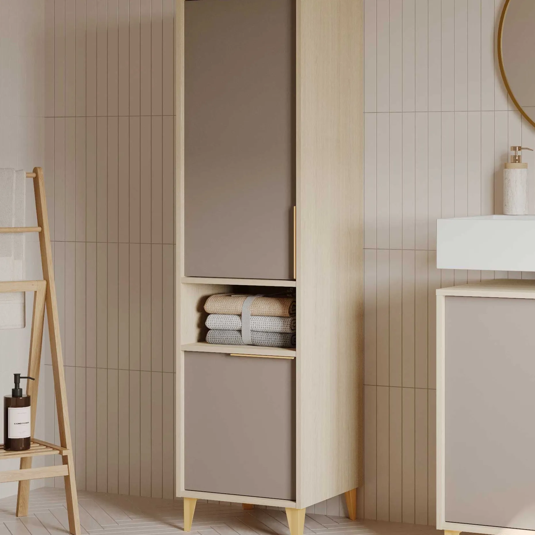 Badezimmer-Säulenschrank Azul - 40x40x153cm - 2 Türen - beige