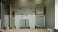 Badezimmersäulenschrank Calypso - 69x33x201cm - 4 Türen und 1 Schublade - Eiche Dekor/Grün
