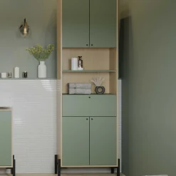 Badezimmersäulenschrank Calypso - 69x33x201cm - 4 Türen und 1 Schublade - Eiche Dekor/Grün