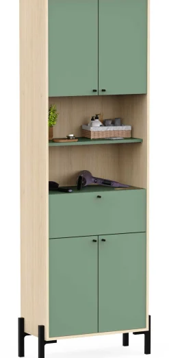 Badezimmersäulenschrank Calypso - 69x33x201cm - 4 Türen und 1 Schublade - Eiche Dekor/Grün