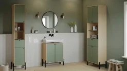 Badezimmersäulenschrank Calypso - 69x33x201cm - 4 Türen und 1 Schublade - Eiche Dekor/Grün