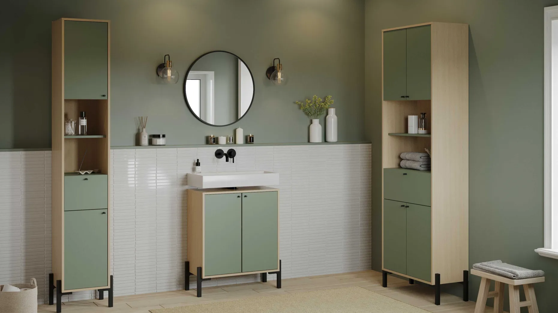 Badezimmersäulenschrank Calypso - 39x33x201cm - 2 Türen und 1 Schublade - Eiche Dekor/Grün