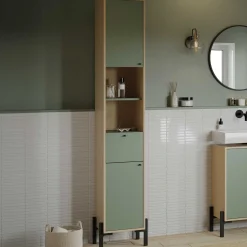 Badezimmersäulenschrank Calypso - 39x33x201cm - 2 Türen und 1 Schublade - Eiche Dekor/Grün