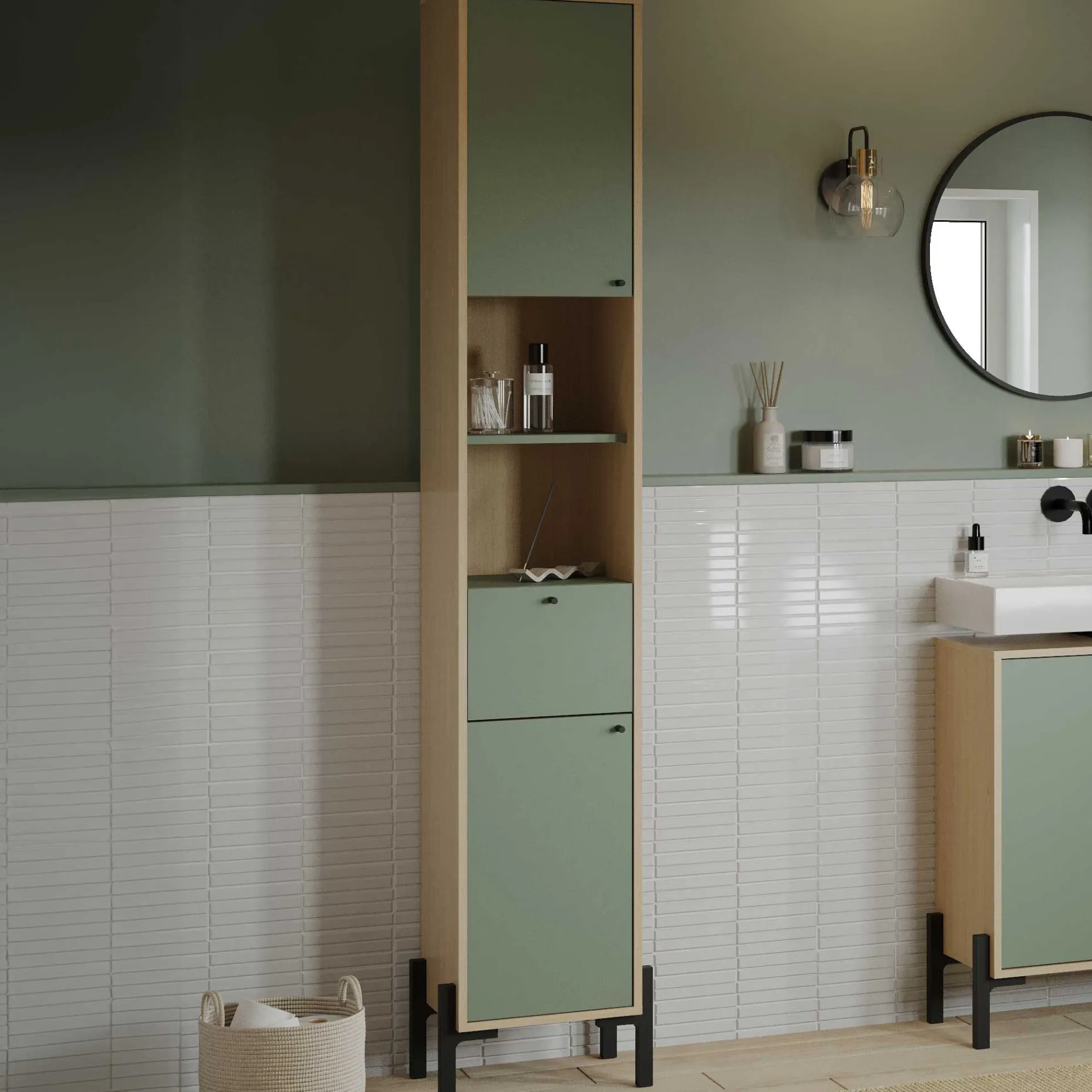 Badezimmersäulenschrank Calypso - 39x33x201cm - 2 Türen und 1 Schublade - Eiche Dekor/Grün