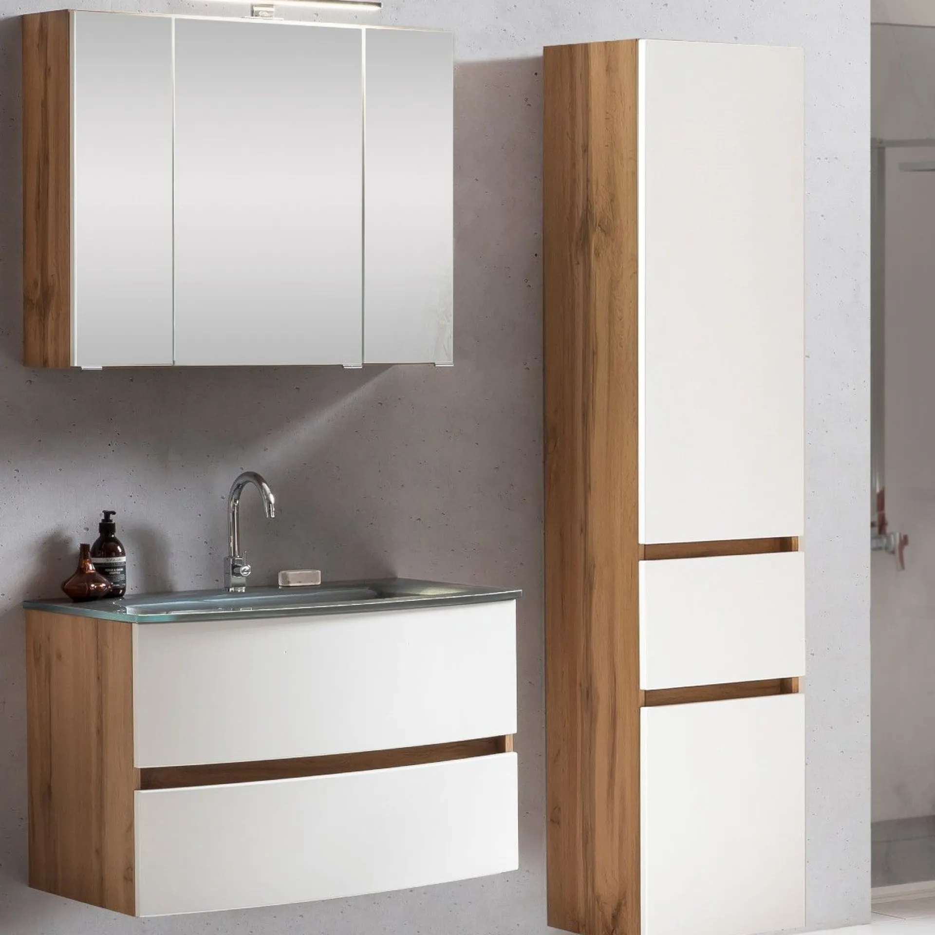 Held Badkombination Kornel 5 3-teilig mit grauem Waschbecken - Eiche/Mattweiß