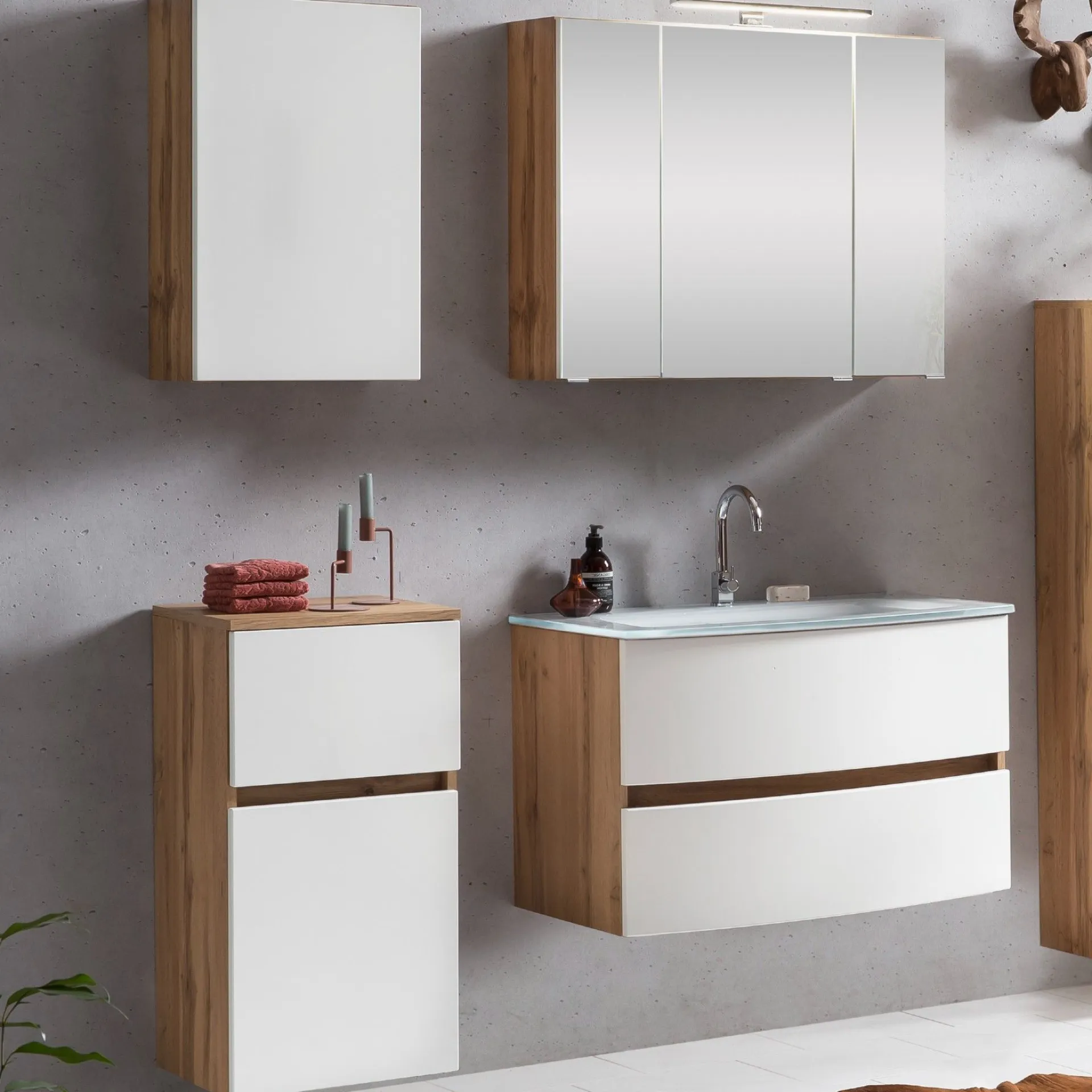 Held Badkombination Kornel 7 4-teilig mit weißem Waschbecken - Eiche/mattweiß