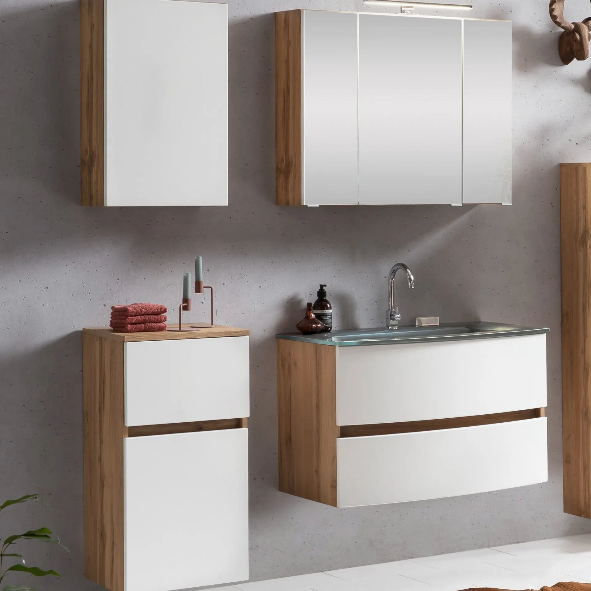 Held Badkombination Kornel 8 4-teilig mit grauem Waschbecken - Eiche/Mattweiß