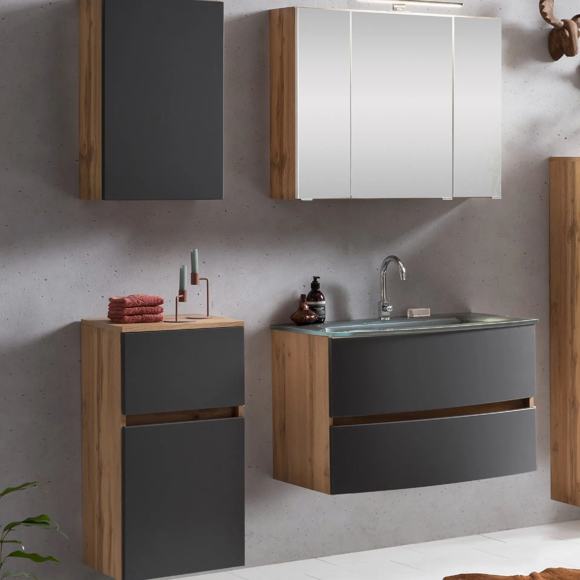 Held Badkombination Kornel 8 4-teilig mit grauem Waschbecken - Eiche/mattgrau