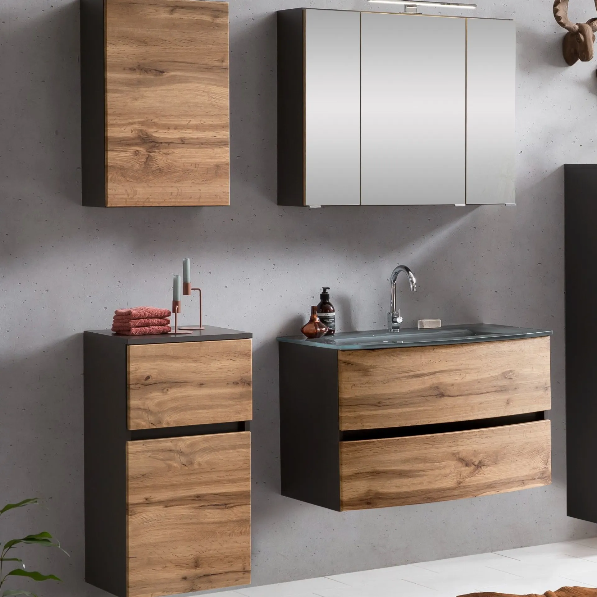 Held Badkombination Kornel 8 4-teilig mit grauem Waschbecken - Graphitgrau/Eiche