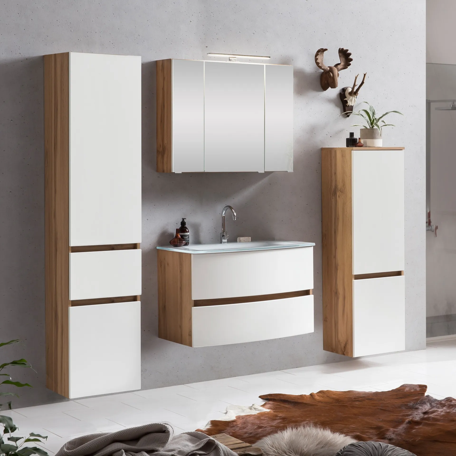 Held Badkombination Kornel 9 4-teilig mit weißem Waschbecken - Eiche/Mattweiß