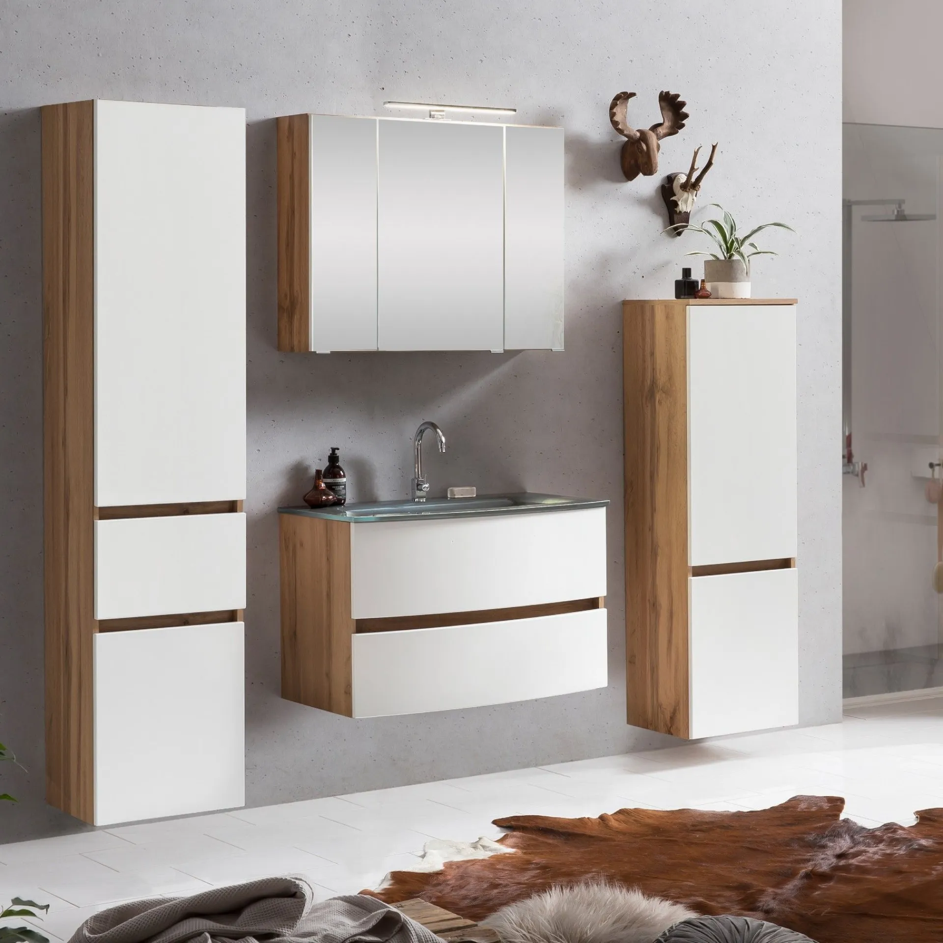 Held Badkombination Kornel 10 4-teilig mit grauem Waschbecken - Eiche/Mattweiß