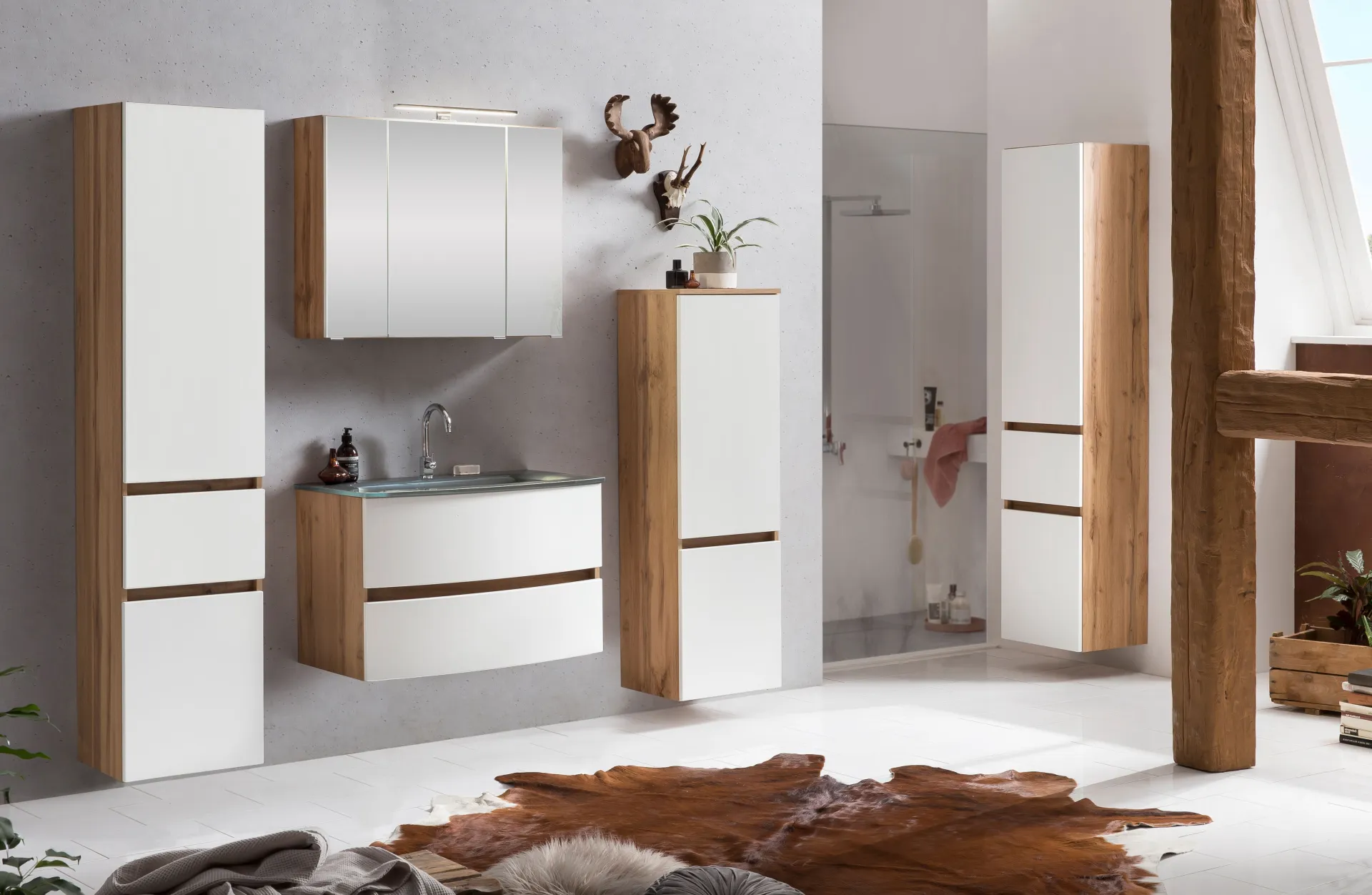 Held Badkombination Kornel 10 4-teilig mit grauem Waschbecken - Eiche/Mattweiß
