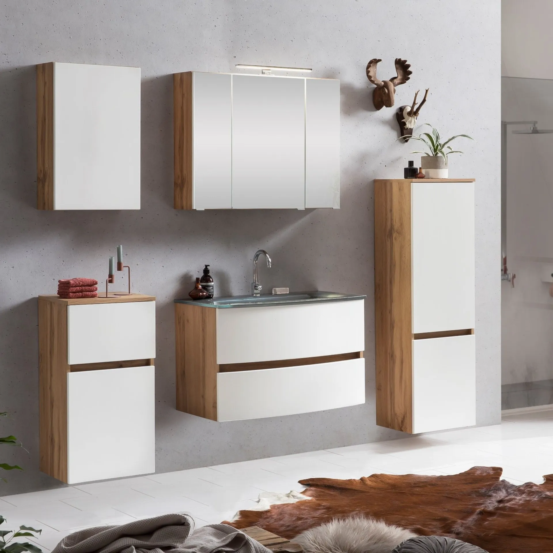 Held Badkombination Kornel 12 5-teilig mit grauem Waschbecken - Eiche/Mattweiß