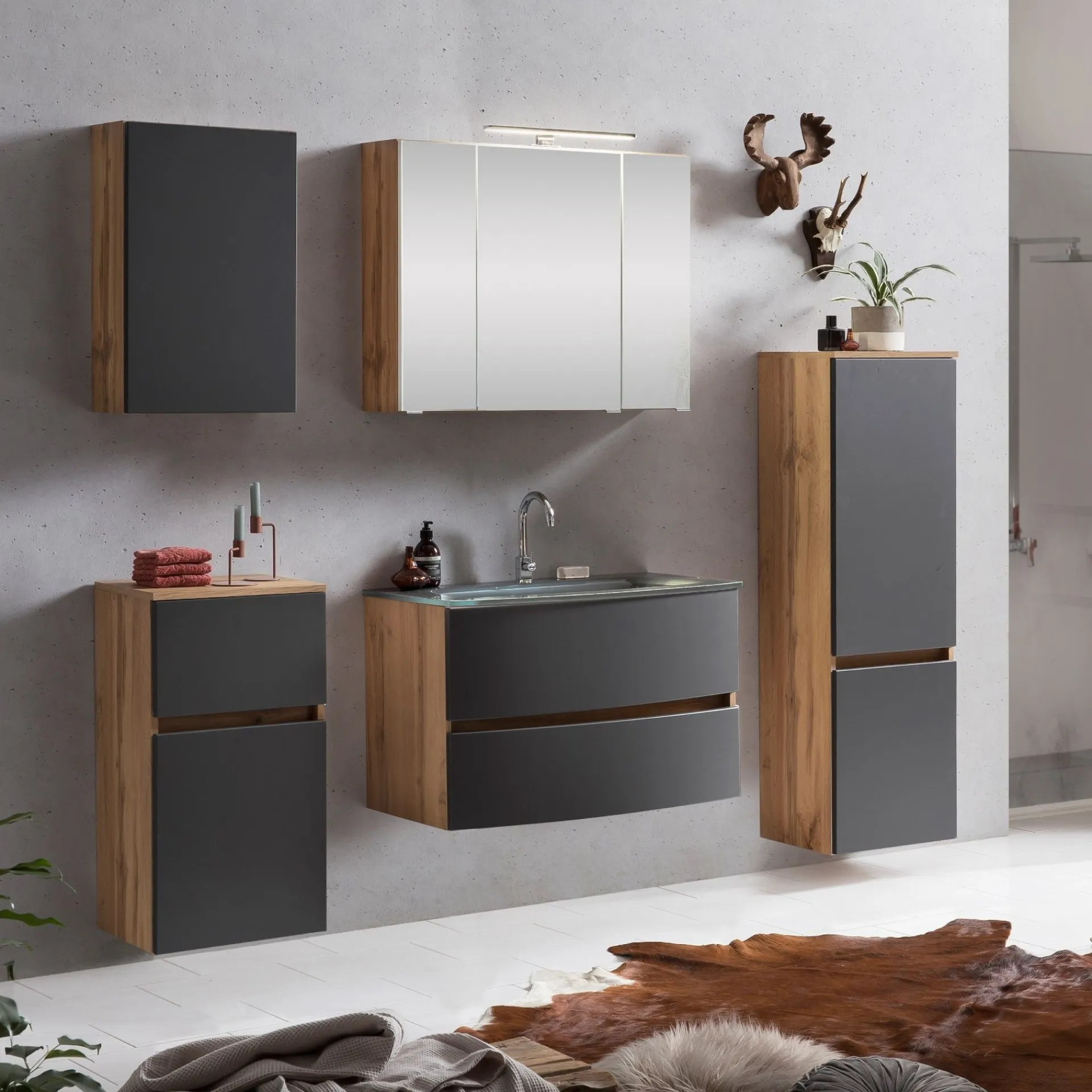 Held Badkombination Kornel 12 5-teilig mit grauem Waschbecken - Eiche/mattgrau