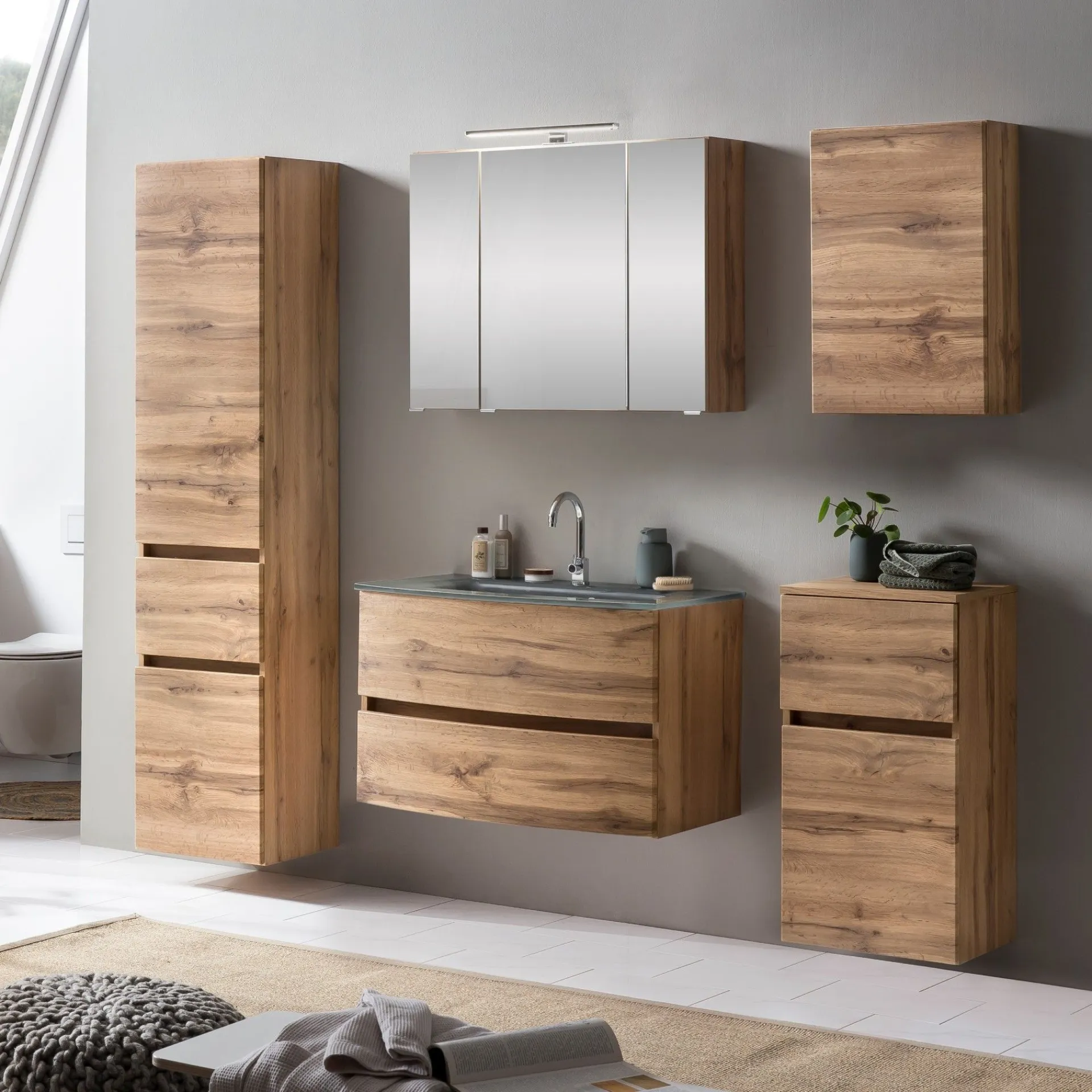 Held Badkombination Kornel 14 5-teilig mit grauem Waschbecken - Eiche